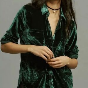 NEW Anthropologie Pilcro Womens M Hadley Velvet Relaxed Buttondown Shirt Green